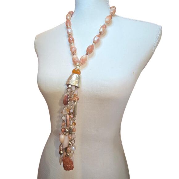 Chico's Statement Necklace Long Tassel Pendant Gold Tone Mixed Bead Peach Coral - Picture 3 of 12